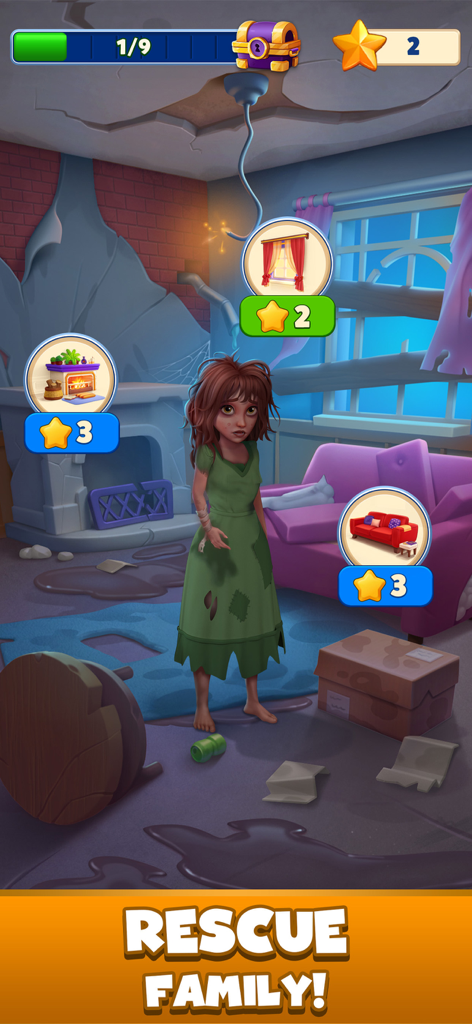 Goodwill Tiles: Match & Rescue - A girl in a messy room with repair options in the Goodwill Tiles Match and Rescue game