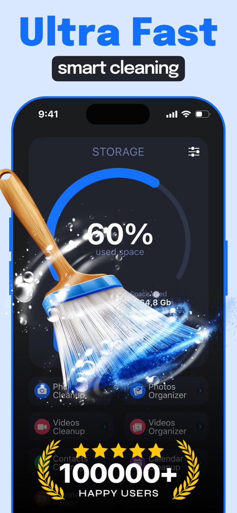 Clear app interface showing ultra fast smart cleaning features and storage usage status