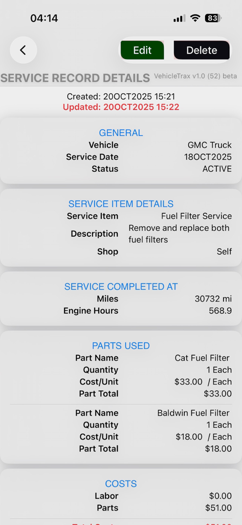 VehicleTrax - Mobile app screen showing detailed maintenance history and parts used for a GMC Truck fuel filter service.