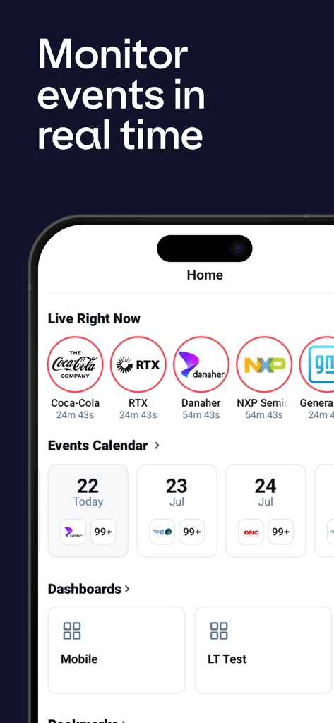 AlphaSense - AlphaSense app interface showing live business events and a financial calendar