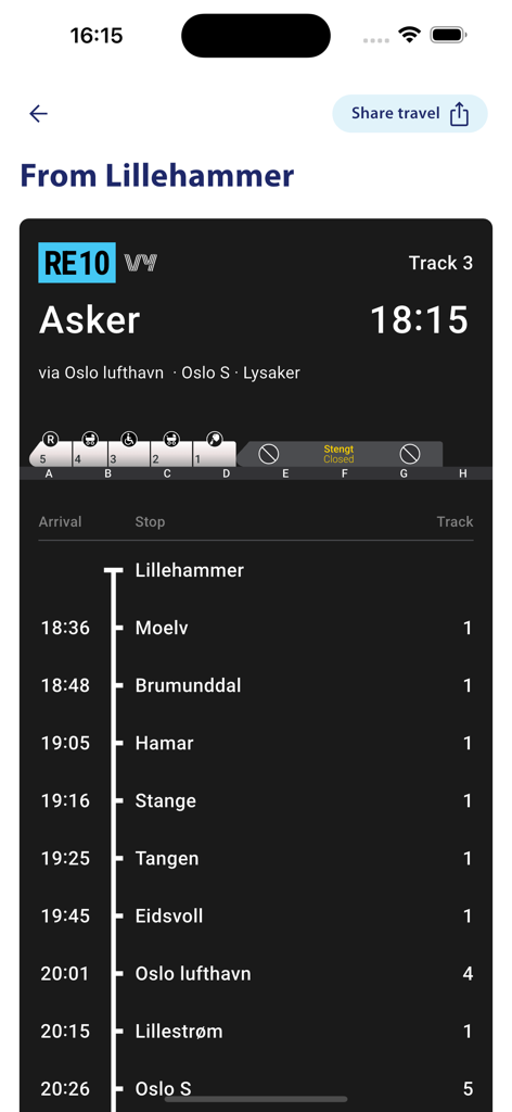 NÅ - NA app showing train route from Lillehammer to Asker with schedule and carriage details