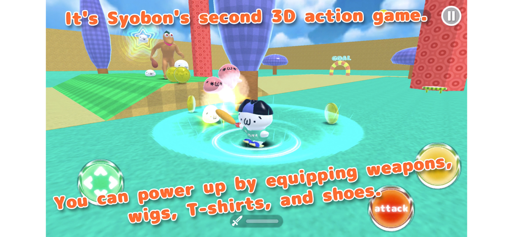 Syobon cat character wearing a wig and t-shirt in a 3D action game level with enemies and coins.