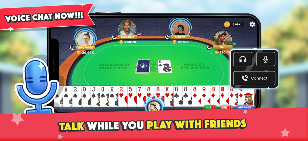 A group of players playing a 21-card marriage rummy game online with the voice chat feature enabled.