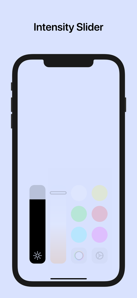 Interfaz de la aplicación Kelvin Light Panel mostrando el deslizador de intensidad y los preajustes de color en un iPhone