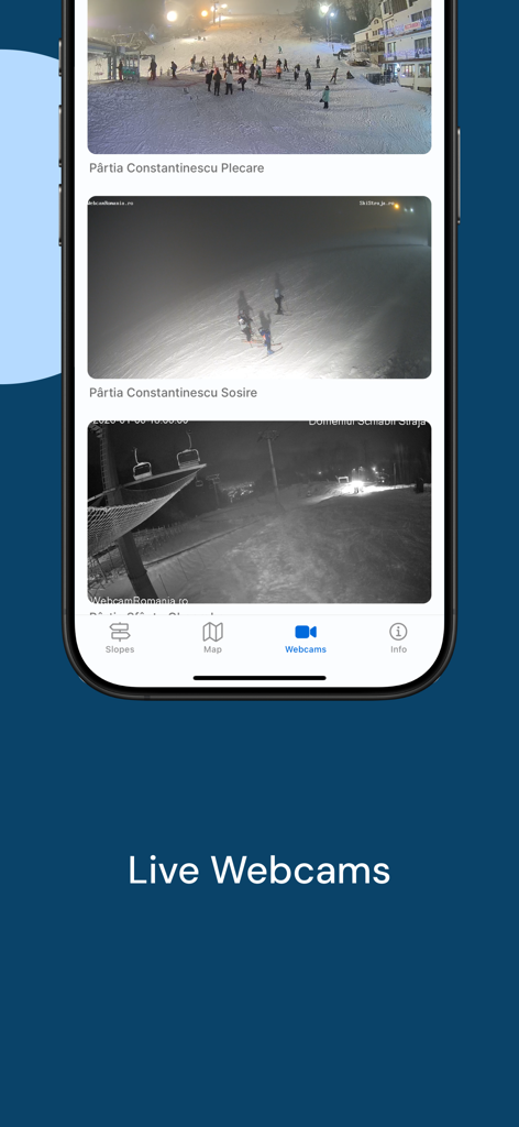 Skiro - Écran de l'application Skiro affichant les flux de webcams en direct des pistes de ski et des zones de remontées mécaniques la nuit pour la station de Straja