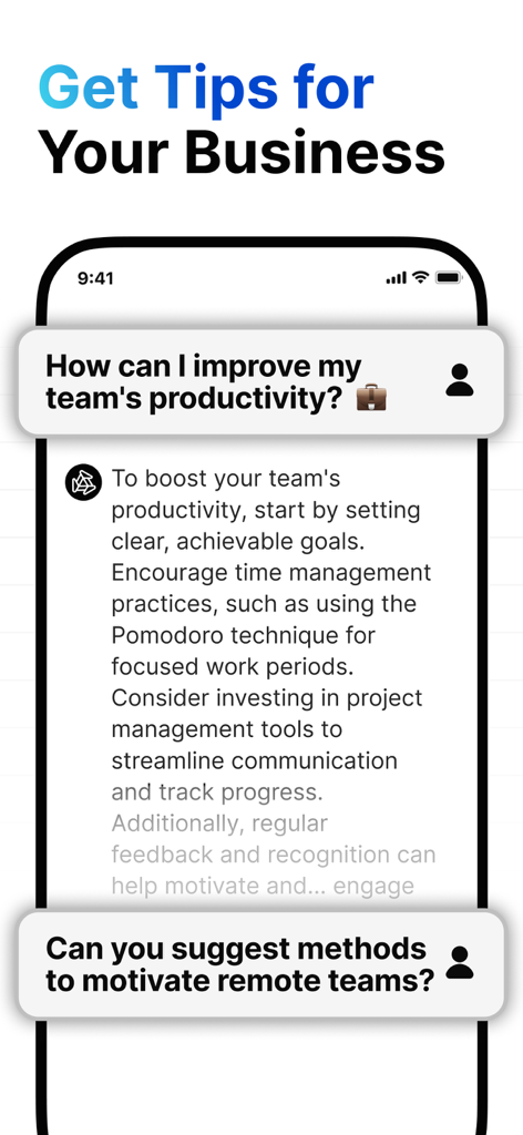 Tela de um telefone celular exibindo um chatbot de IA fornecendo conselhos de negócios sobre como melhorar a produtividade da equipe e motivar equipes remotas.