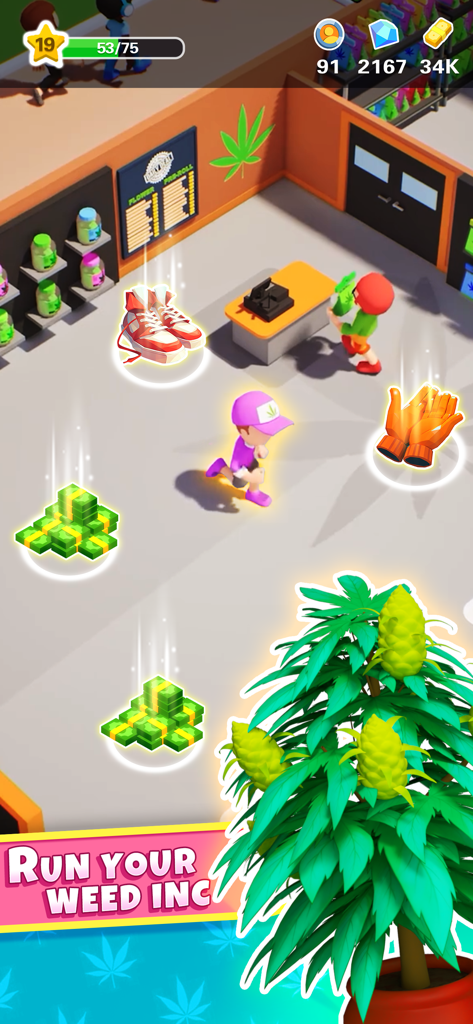 Weed Inc 420: Blaze & Trade - Draufsicht einer Cannabis-Verkaufsstelle im Spiel Weed Inc 420 mit einer großen Pflanze und gesammelten Geldscheinen