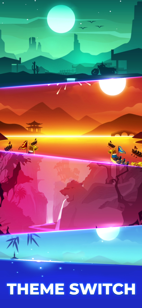 Tiles Hop: Music Ball Clash - Una muestra de varios temas visuales y fondos coloridos en Tiles Hop Music Ball Clash, incluyendo entornos de desierto, atardecer y selva.