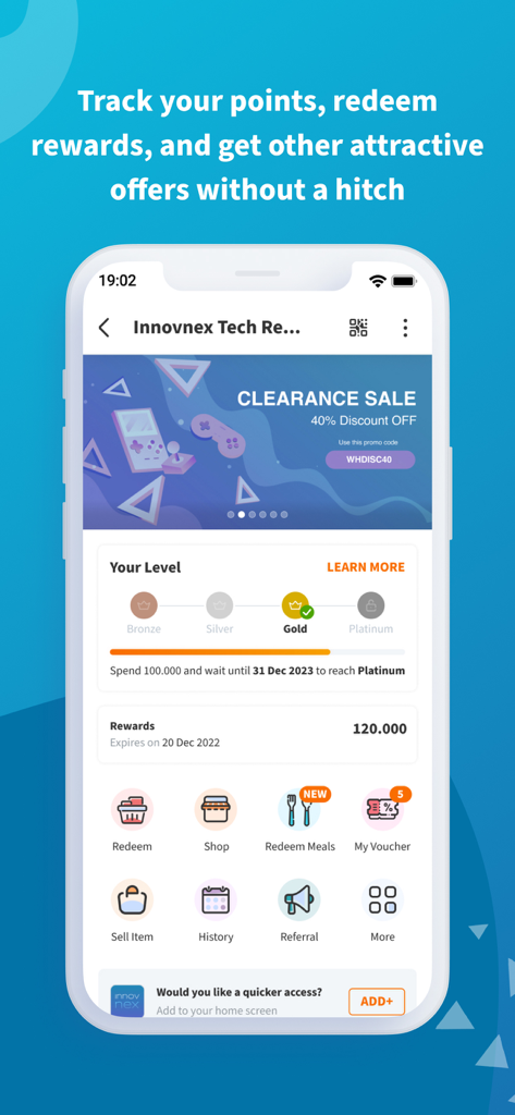 TADA - Memberships & Rewards - TADA app mobile interface showing gold level membership rewards points and clearance sale discount code