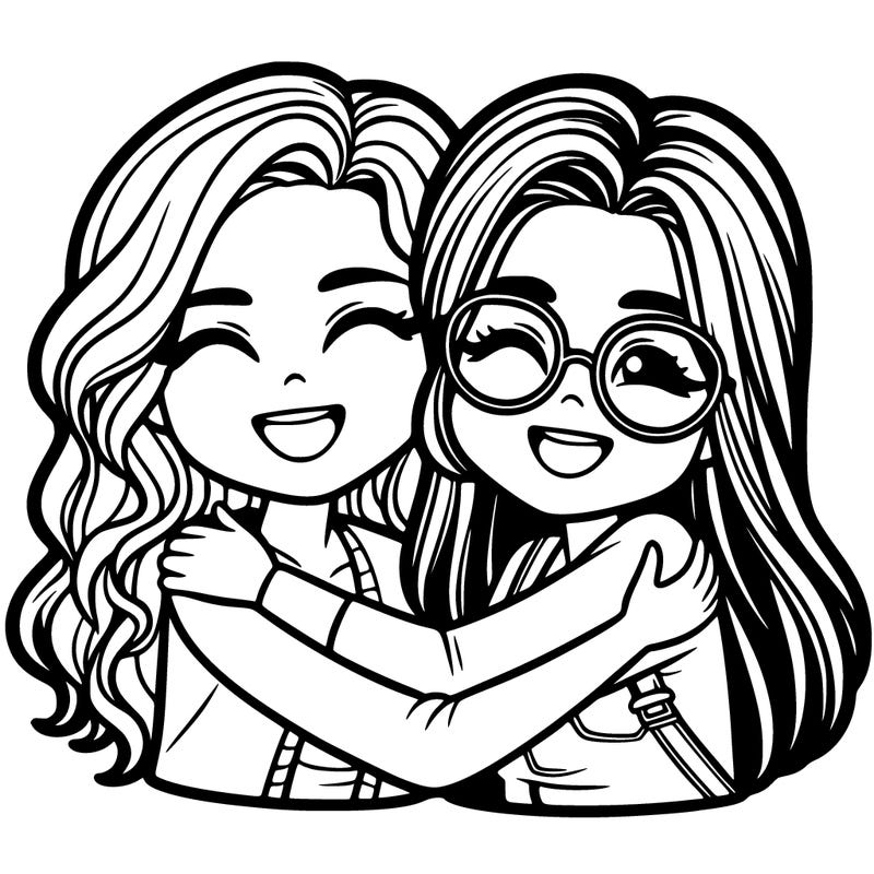 best friends right next to each other hugging each other one with long hair 1 with short hair both with glasses