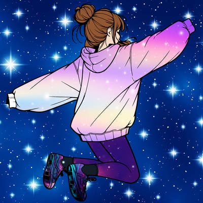 realistic girl jumping with a bun and oversized sweatshirt