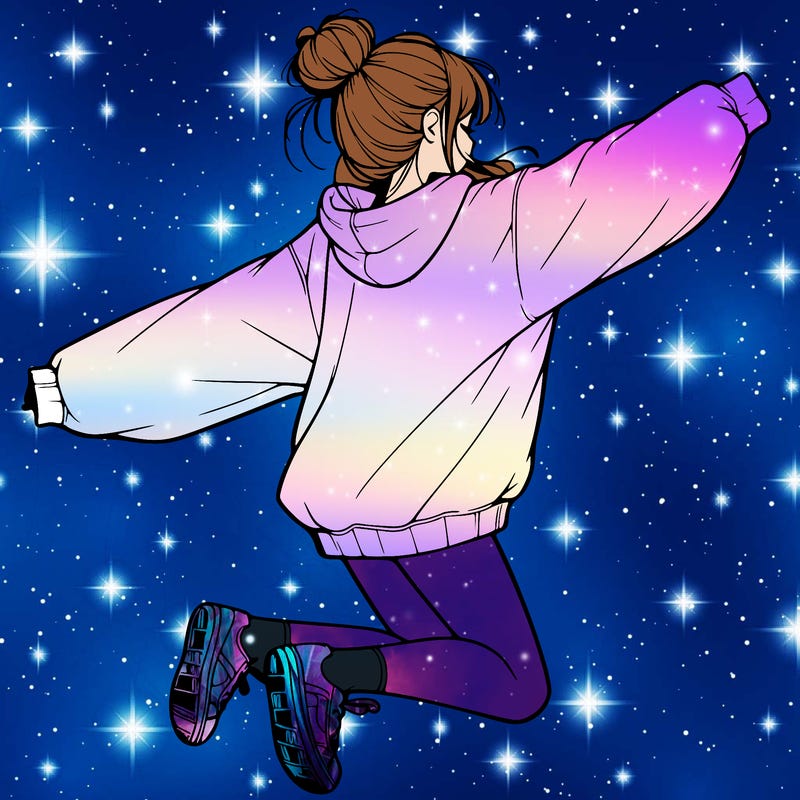 realistic girl jumping with a bun and oversized sweatshirt