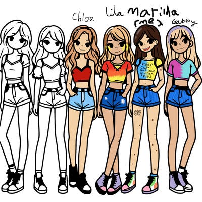 a group of girls wearing crop tops and shorts
