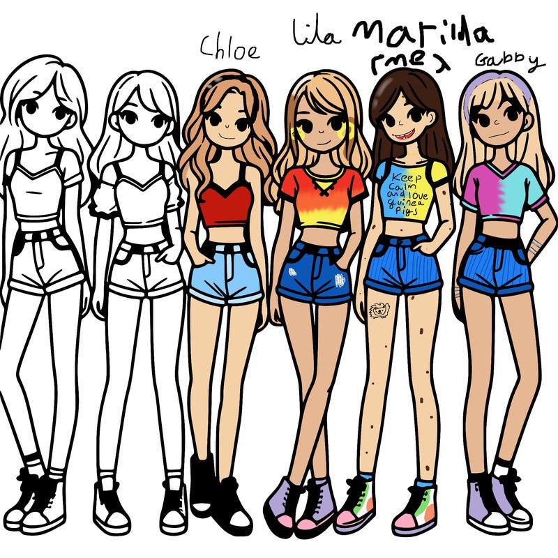 a group of girls wearing crop tops and shorts