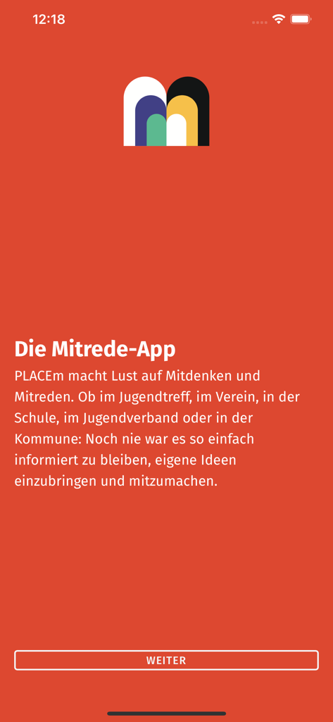 PLACEm - Die Mitrede-App - Écran d'accueil de l'application civique PLACEm présentant son logo coloré et un texte d'introduction sur fond rouge.