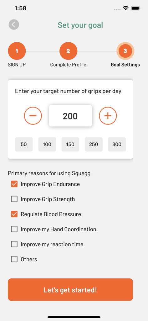 SQUEGG - SQUEGG app interface showing the goal settings screen where users set daily grip targets and select health objectives like blood pressure regulation.