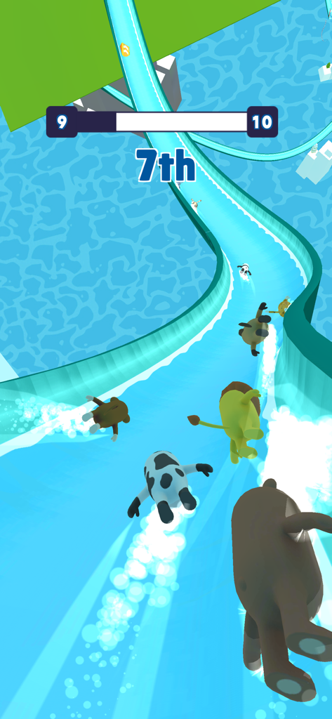 Plusieurs personnages animaux dévalent un toboggan aquatique bleu en 3D