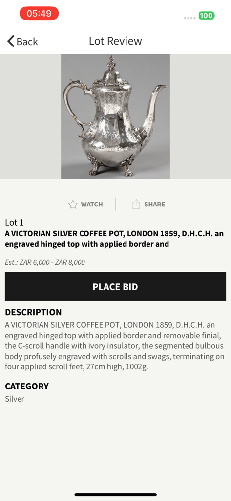 Auction lot review of a Victorian silver coffee pot on the Ashbeys mobile app.