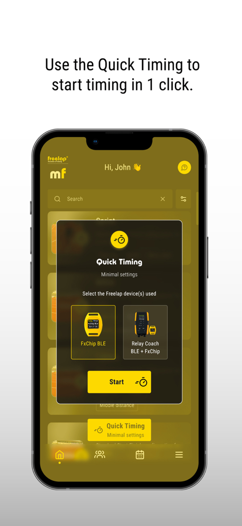 MyFreelap - Smartphone screen showing the MyFreelap app quick timing setup for FxChip BLE devices