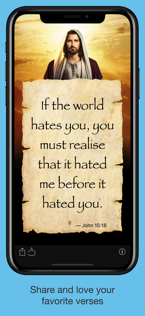 Texts From Jesus - Un versículo bíblico de Juan 15:18 mostrado en un rollo de pergamino con una imagen de Jesús en la pantalla de un iPhone.