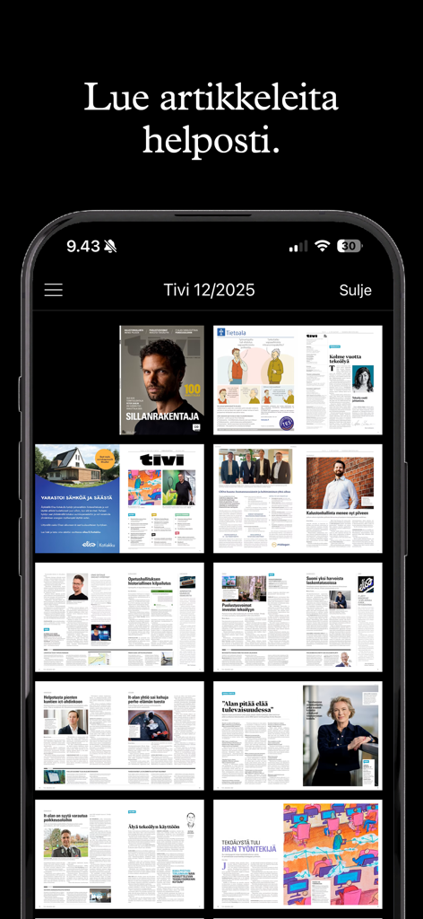 Tivi - Captura de pantalla de la aplicación móvil Tivi mostrando una cuadrícula de páginas de revistas digitales con varios artículos de tecnología.