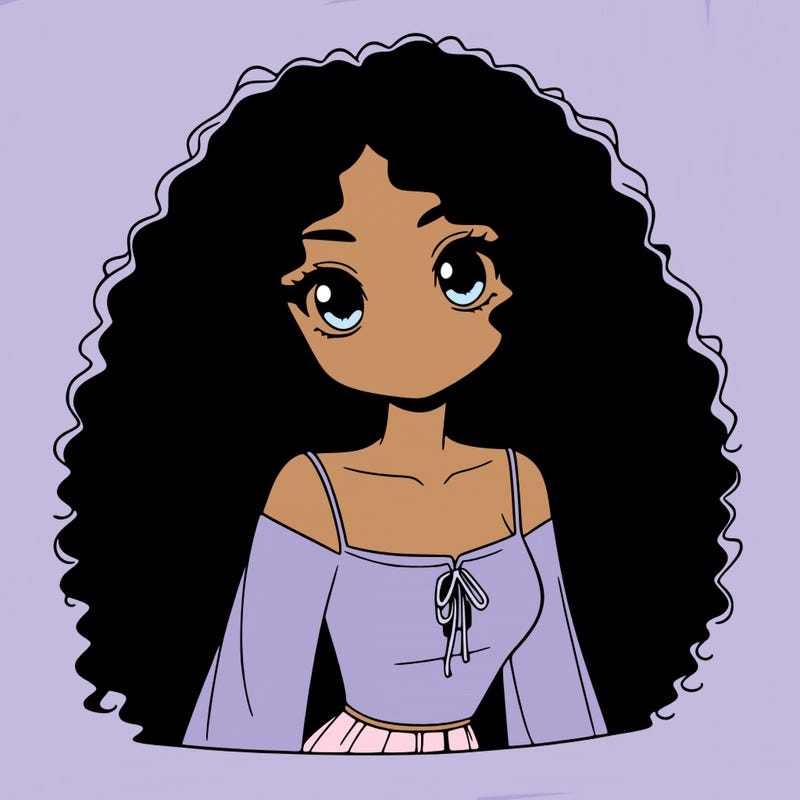 a black anime girl with long afro hair