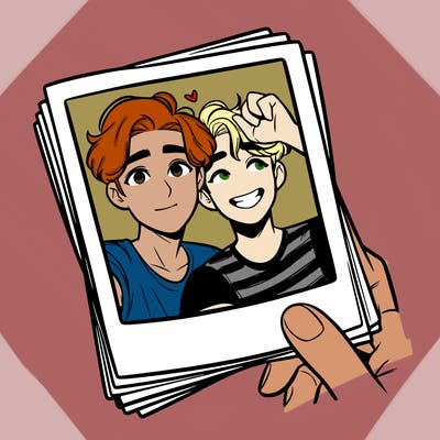 realistic, best friends taking a polaroid picture