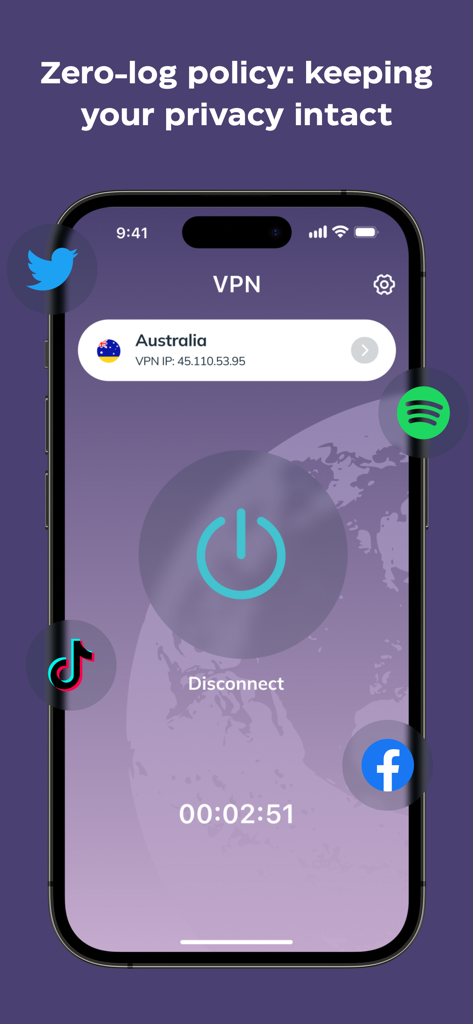Secure VPN ・ Private Internet - Interfaz de la aplicación VPN Segura mostrando conexión a Australia y política de no registros