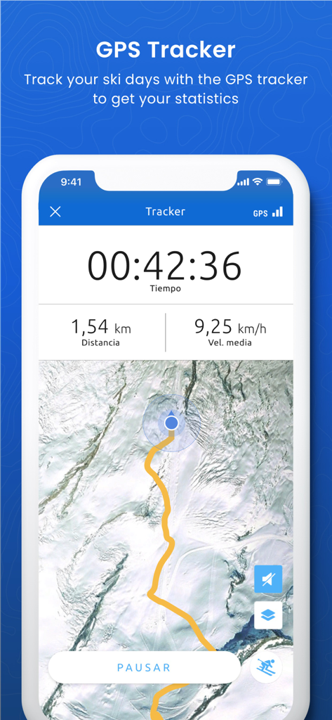 Estiber Viajes - Interfaz del rastreador GPS de esquí de Estiber Viajes que muestra estadísticas de esquí y mapa de ruta de montaña