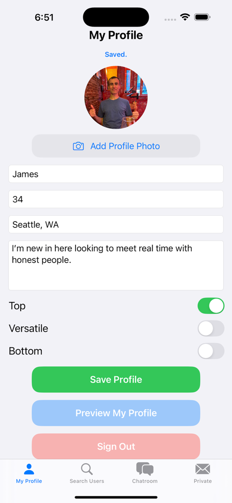Asian Gay Chat - The profile editing screen of the Asian Gay Chat app showing user details and preferences.