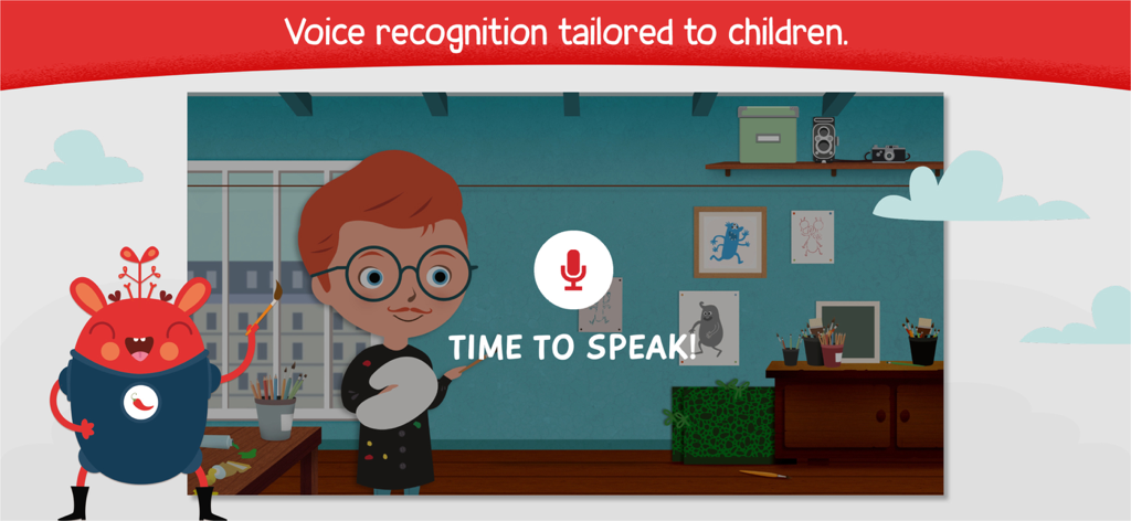 Screenshot dell'app Pili Pop francese che mostra il riconoscimento vocale e la pratica di conversazione per bambini che imparano il francese