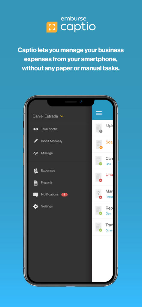 Emburse Captio business expense management app menu on a smartphone screen showing features like take photo and mileage