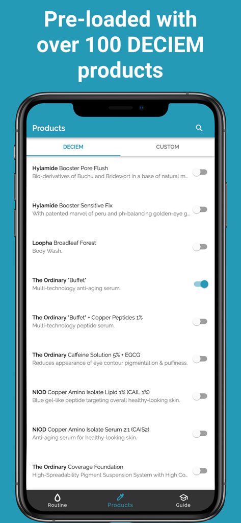 A smartphone displaying a list of pre-loaded DECIEM and The Ordinary products in the Skincare Routine app.