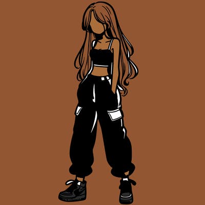 girl in baggy pants crop top and long hair