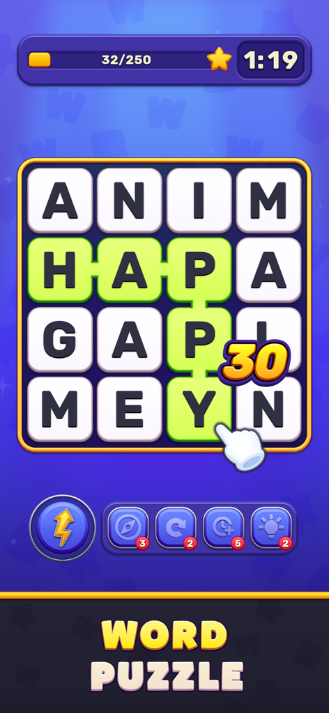 Wordster - Gameplay screenshot of Wordster showing a letter grid with the word HAPPY highlighted and a timer at the top.