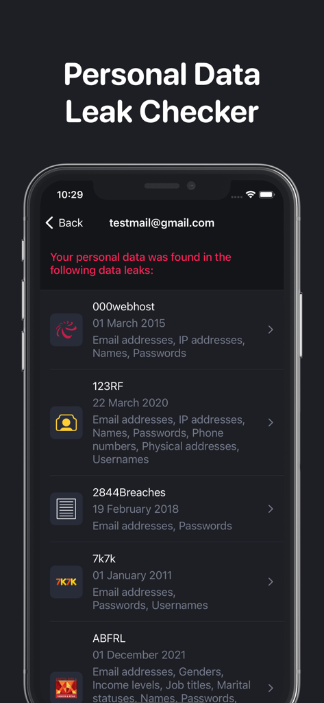 CPU Z app interface displaying a list of data breaches and leaked information for a specific email address