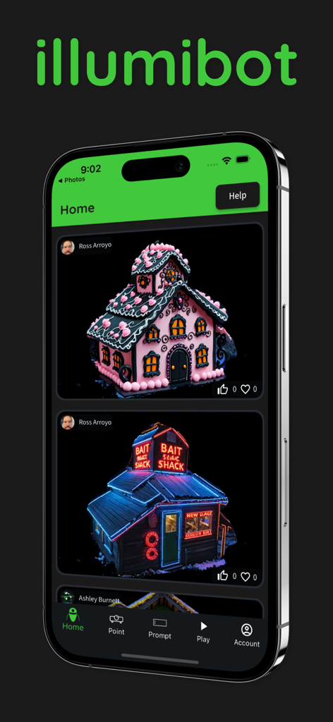 illumibot - Illumibot mobile app home screen showing a feed of creative AI digital art for projection