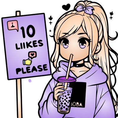 girl with a high ponytail and a hoodie drinking boba staring at a sign saying 10 likes please