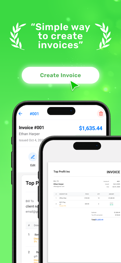 Invoice Maker: PDF & Billing - 請求書作成アプリのインターフェース。プロフェッショナルなPDF請求書のプレビューと作成ボタンを表示。