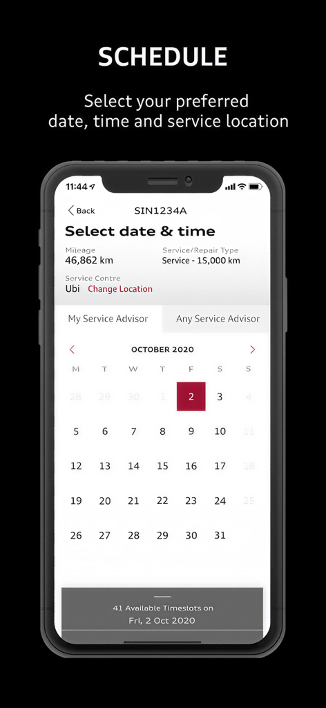 Pantalla de programación de la aplicación Audi Service SG que muestra un calendario para citas de servicio