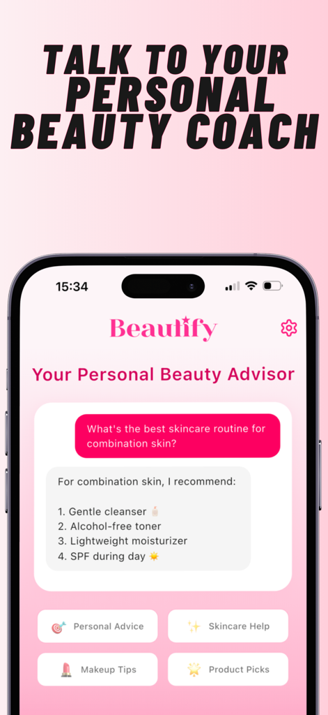 Beautify - Glow Up - Interfaz de la aplicación Beautify que muestra un chat con un asesor de belleza personal de IA que proporciona una rutina de cuidado de la piel para piel mixta.