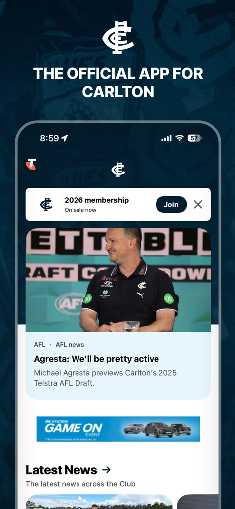 Carlton Official App - The home screen of the Carlton Official App displaying AFL news and membership information