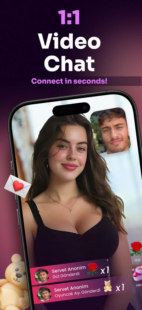 Interfaz de la aplicación Lovi que muestra un chat de vídeo en vivo 1 a 1 entre dos usuarios con notificaciones de regalos virtuales