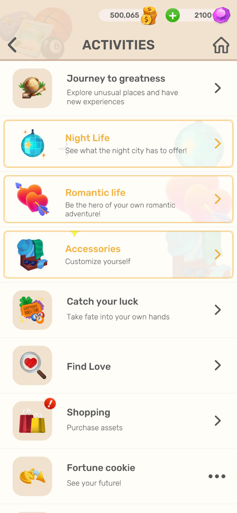Real Life：Choices Simulator - Activities menu in Real Life Choices Simulator showing life simulation options like Night Life and Shopping