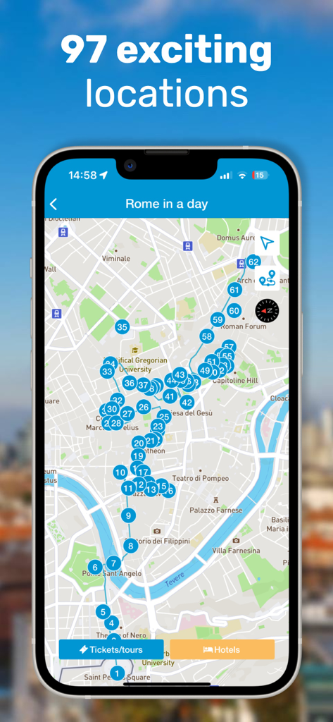 Smartphone showing a walking tour map of Rome with numbered points of interest