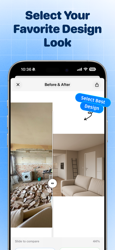 AI Room Planner - Baytee - Side-by-side before and after comparison of a room renovation using AI interior design.