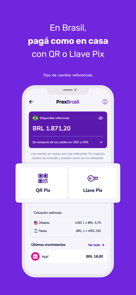 Prex Argentina - BRL 잔액 및 환율과 함께 브라질의 Pix 결제를 위한 Prex Argentina 모바일 앱 인터페이스
