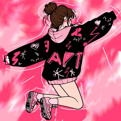realistic girl jumping with a bun and oversized sweatshirt