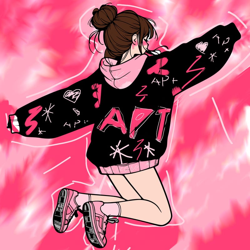 realistic girl jumping with a bun and oversized sweatshirt
