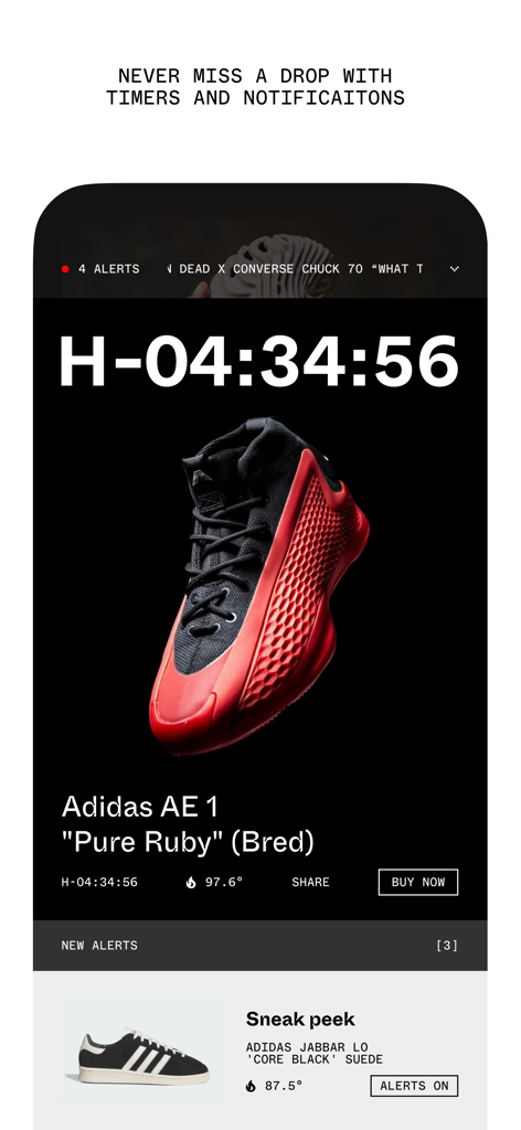 House of Heat - Interfaz de la app House of Heat mostrando un temporizador de cuenta regresiva y alertas de notificación para un nuevo lanzamiento de zapatillas.
